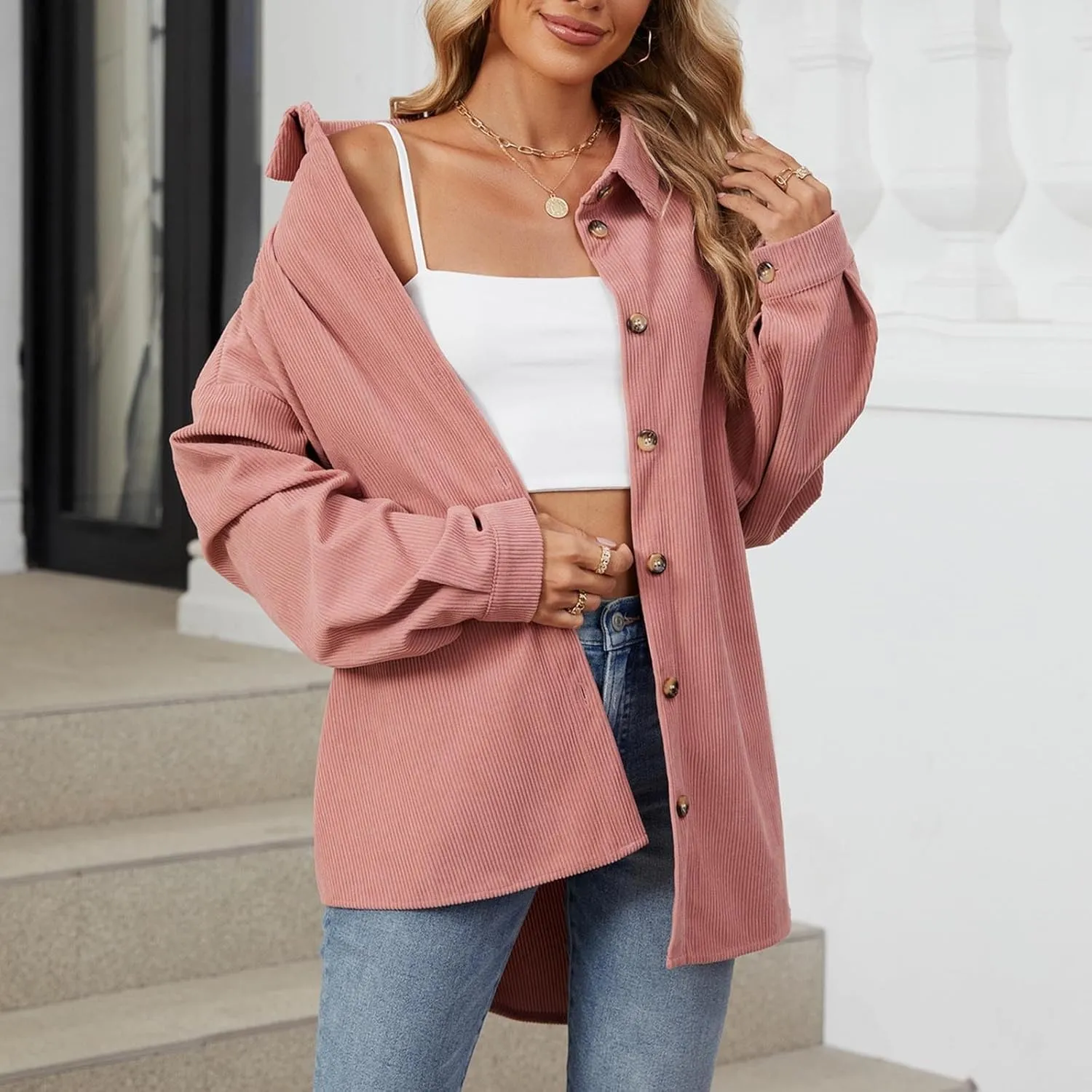 Womens Button Down Shirts Casual Long Sleeve Shacket Jacket Loose Fit Blouses Tops Corduroy Fall Daily Clothes 2024