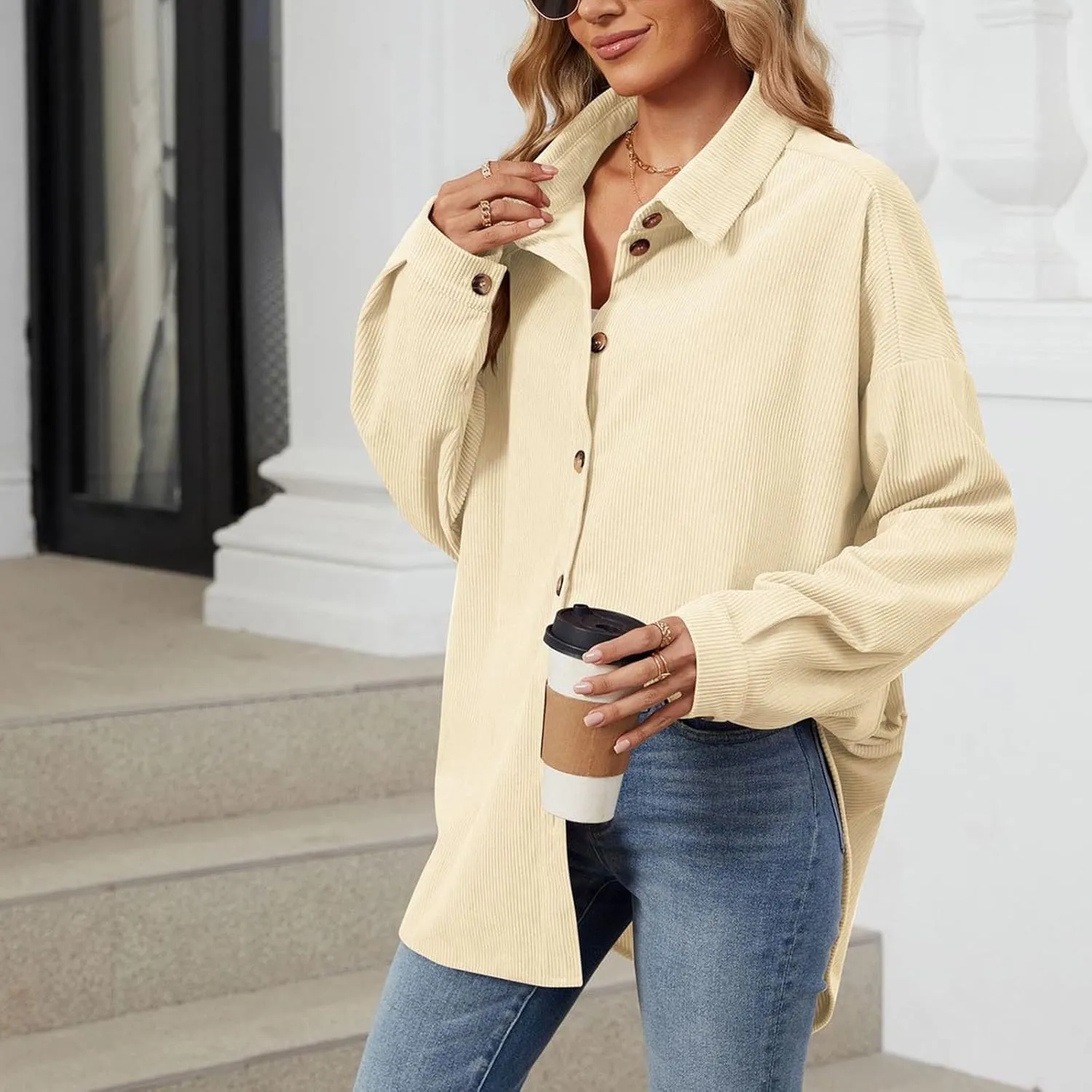 Womens Button Down Shirts Casual Long Sleeve Shacket Jacket Loose Fit Blouses Tops Corduroy Fall Daily Clothes 2024