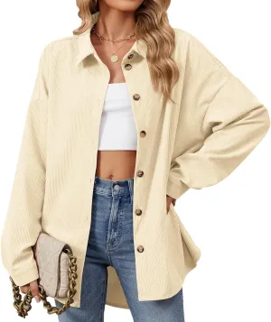 Womens Button Down Shirts Casual Long Sleeve Shacket Jacket Loose Fit Blouses Tops Corduroy Fall Daily Clothes 2024