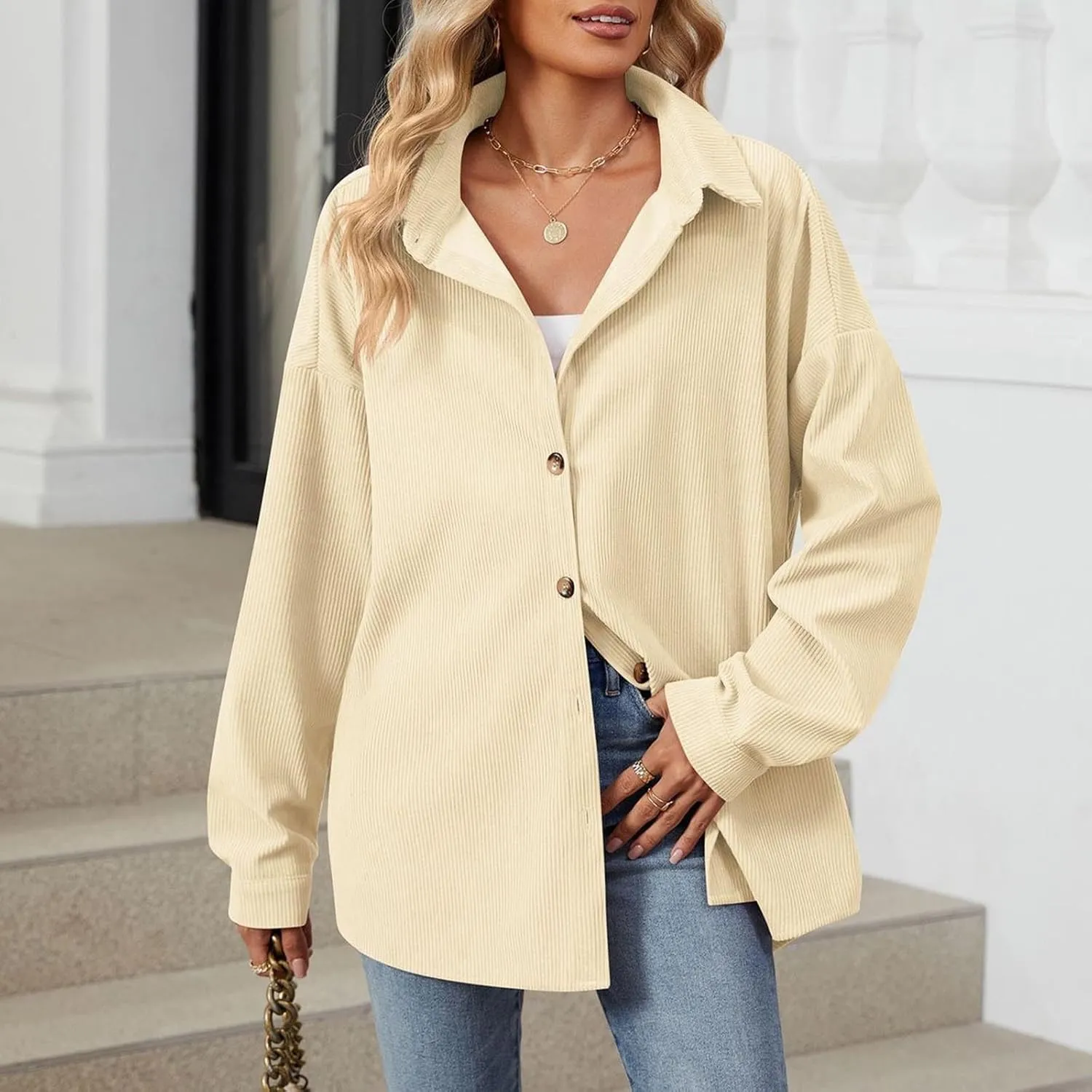 Womens Button Down Shirts Casual Long Sleeve Shacket Jacket Loose Fit Blouses Tops Corduroy Fall Daily Clothes 2024