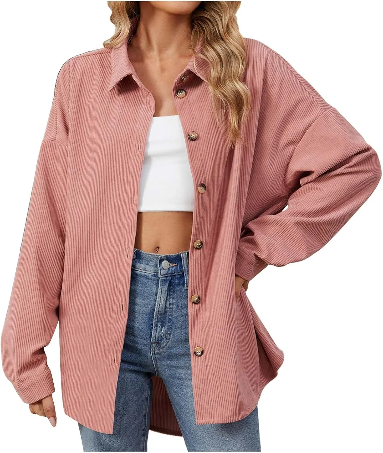 Womens Button Down Shirts Casual Long Sleeve Shacket Jacket Loose Fit Blouses Tops Corduroy Fall Daily Clothes 2024