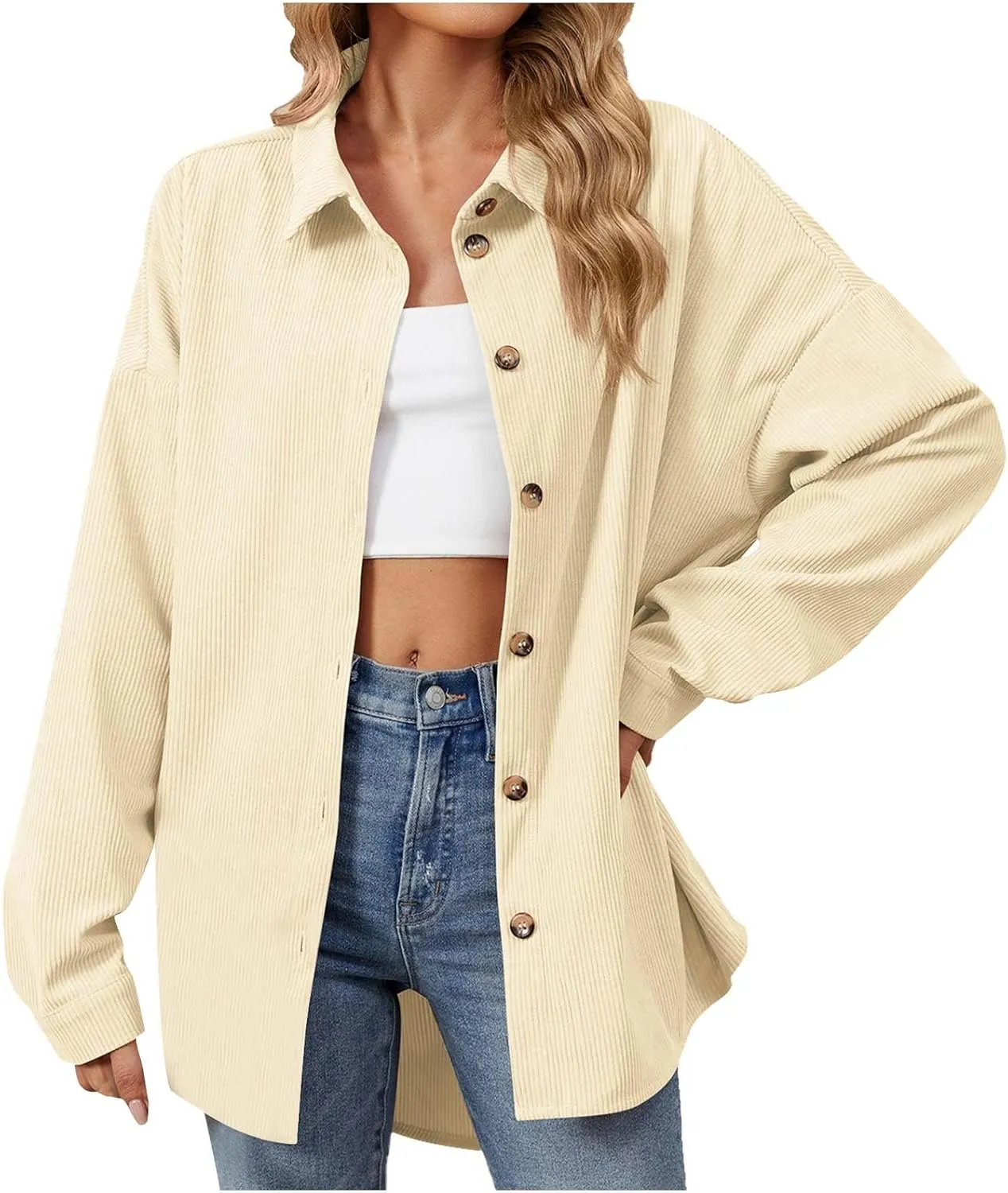 Womens Button Down Shirts Casual Long Sleeve Shacket Jacket Loose Fit Blouses Tops Corduroy Fall Daily Clothes 2024