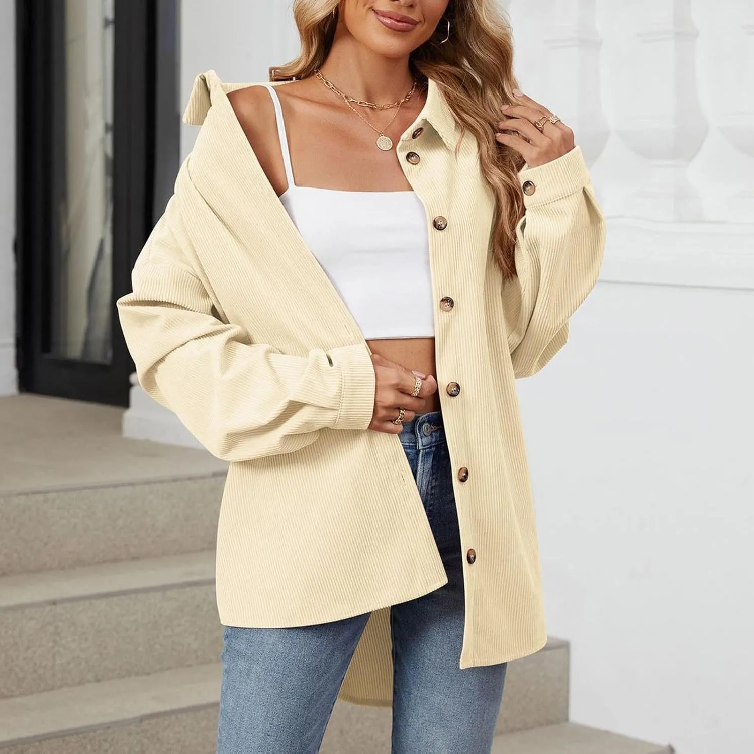 Womens Button Down Shirts Casual Long Sleeve Shacket Jacket Loose Fit Blouses Tops Corduroy Fall Daily Clothes 2024