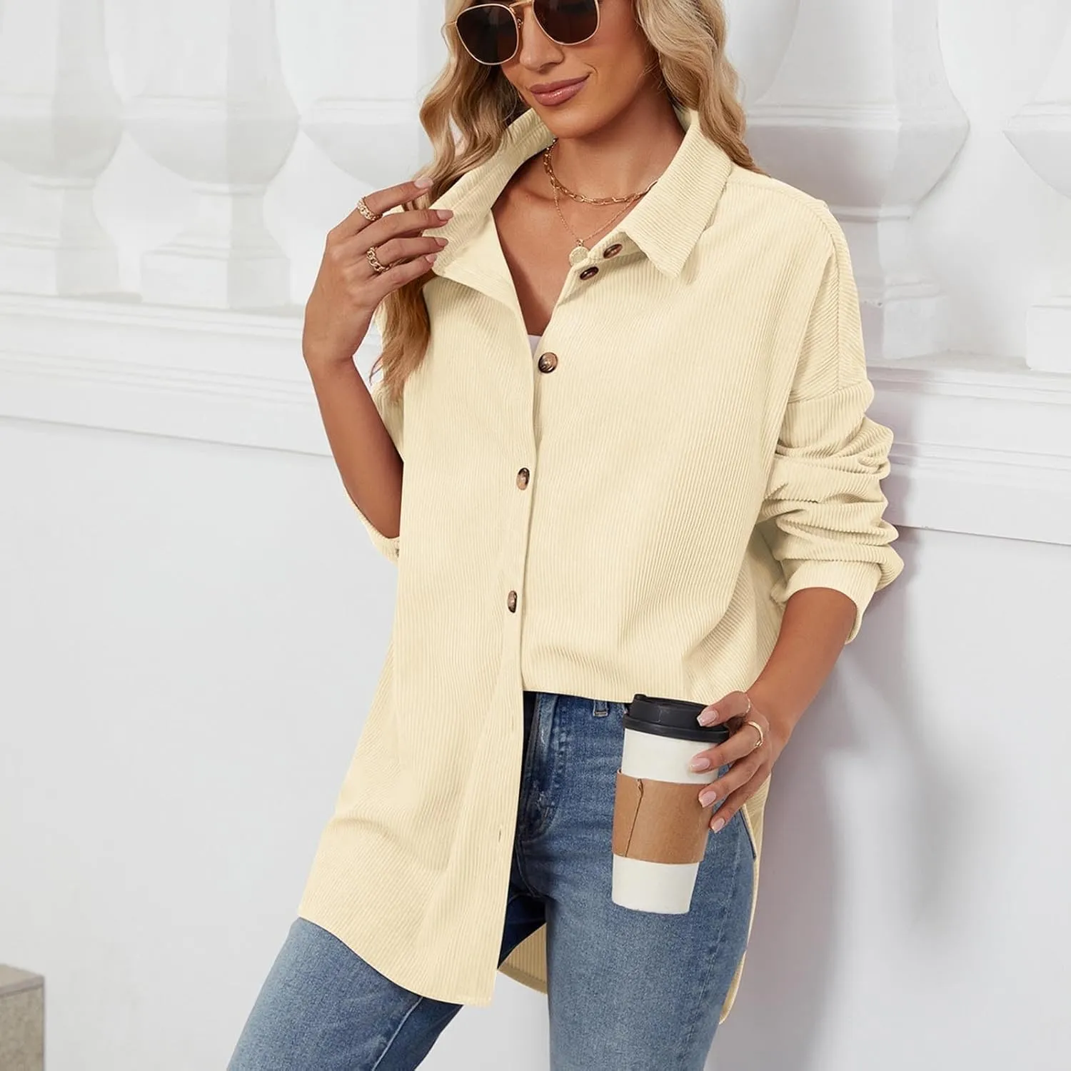 Womens Button Down Shirts Casual Long Sleeve Shacket Jacket Loose Fit Blouses Tops Corduroy Fall Daily Clothes 2024