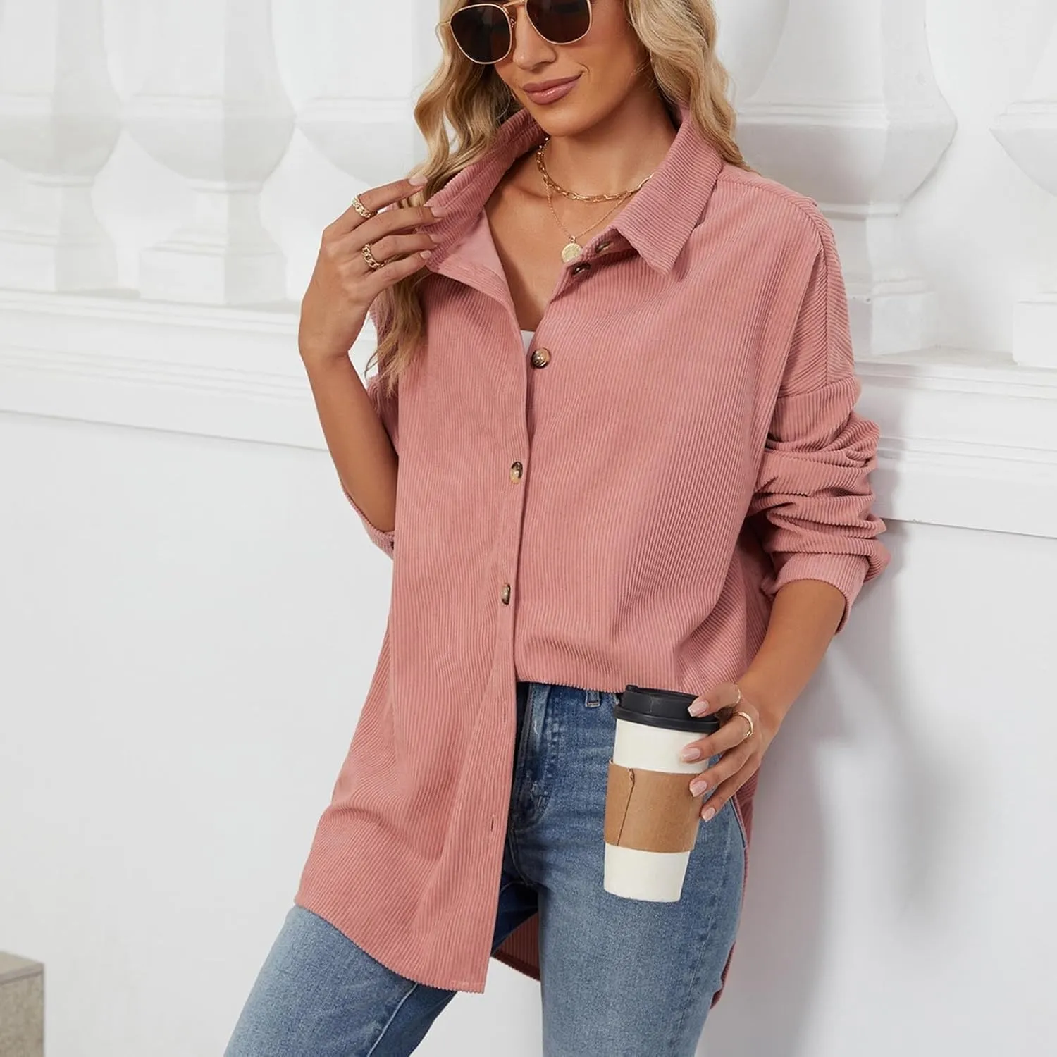 Womens Button Down Shirts Casual Long Sleeve Shacket Jacket Loose Fit Blouses Tops Corduroy Fall Daily Clothes 2024