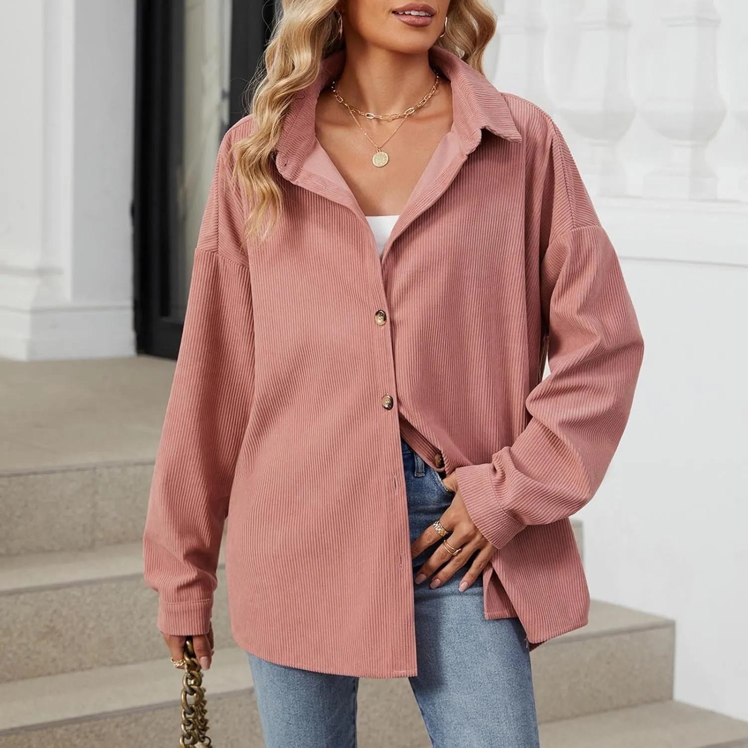 Womens Button Down Shirts Casual Long Sleeve Shacket Jacket Loose Fit Blouses Tops Corduroy Fall Daily Clothes 2024
