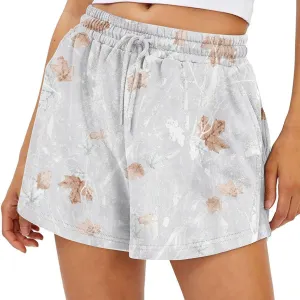 Womens Camo Sweat Shorts Maple Leaf Print Drawstring Elastic High Waist Lounge Camouflage Workout Shorts with Pockets