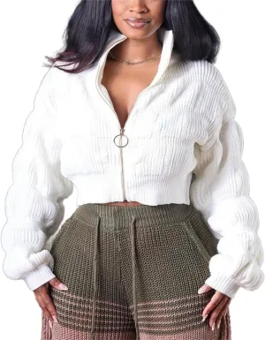 Womens Cardigan Sweaters Zip Up Long Lantern Sleeve Cable Knit Outwear Cropped Sweater Jacket