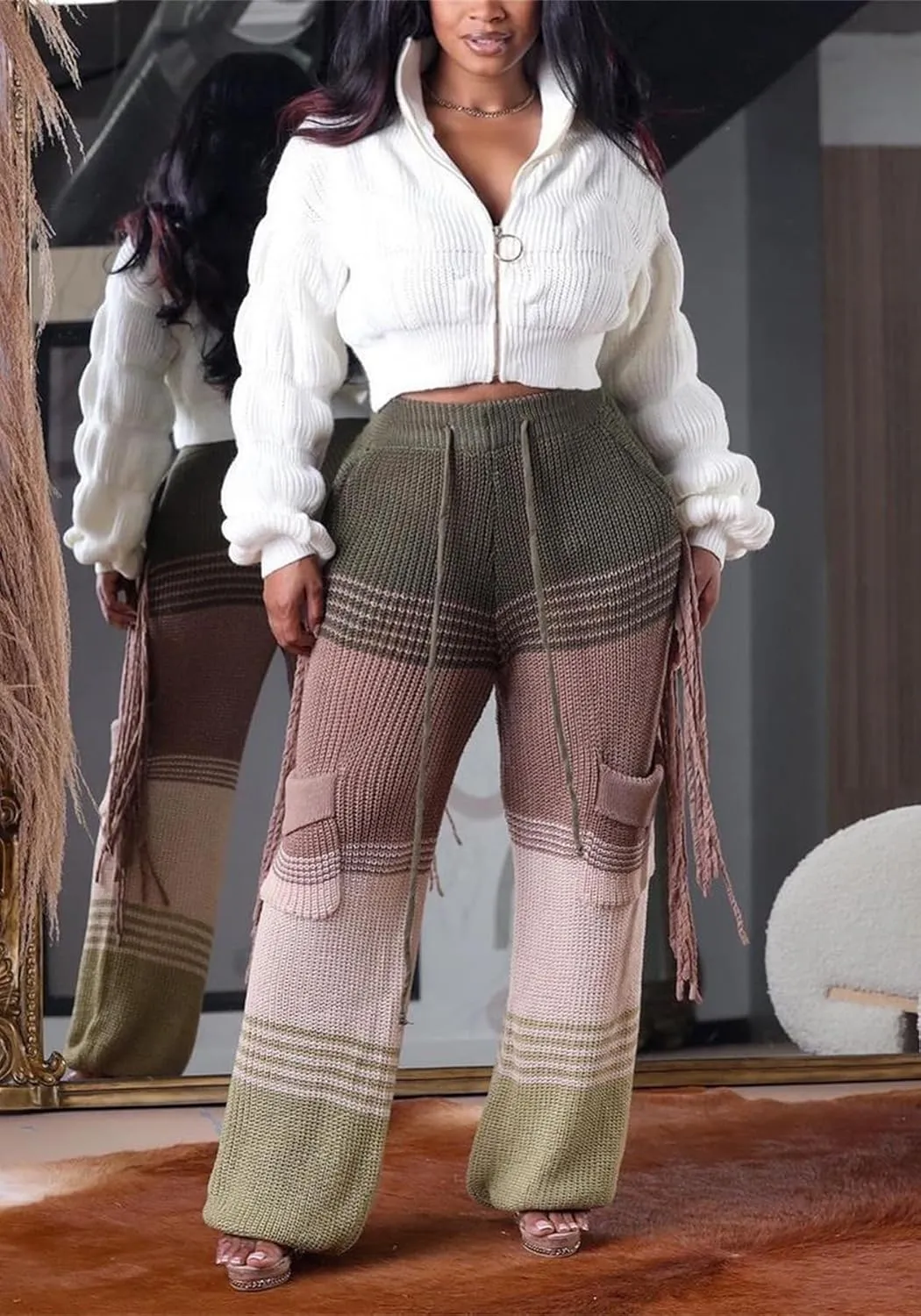 Womens Cardigan Sweaters Zip Up Long Lantern Sleeve Cable Knit Outwear Cropped Sweater Jacket