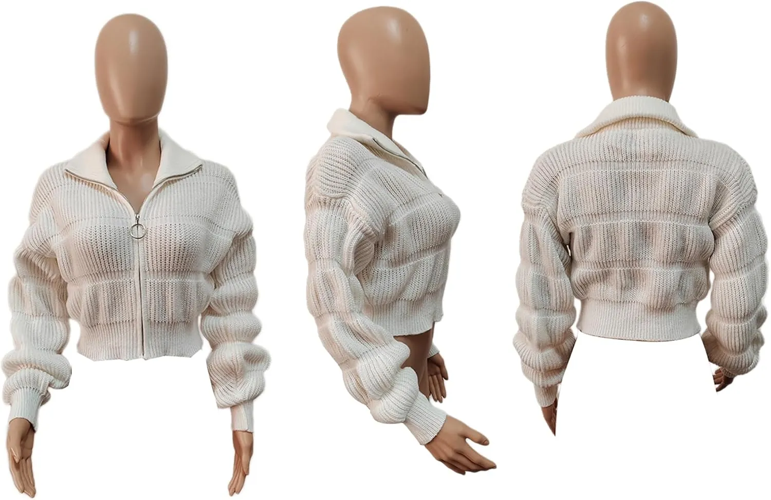 Womens Cardigan Sweaters Zip Up Long Lantern Sleeve Cable Knit Outwear Cropped Sweater Jacket