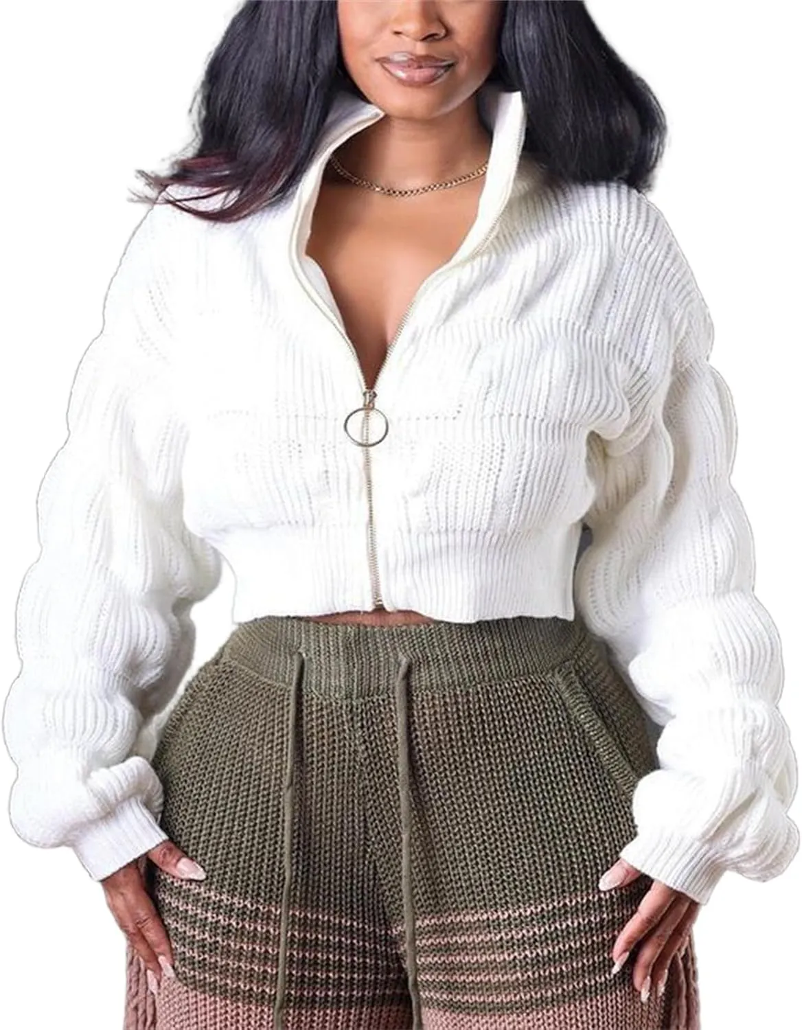 Womens Cardigan Sweaters Zip Up Long Lantern Sleeve Cable Knit Outwear Cropped Sweater Jacket