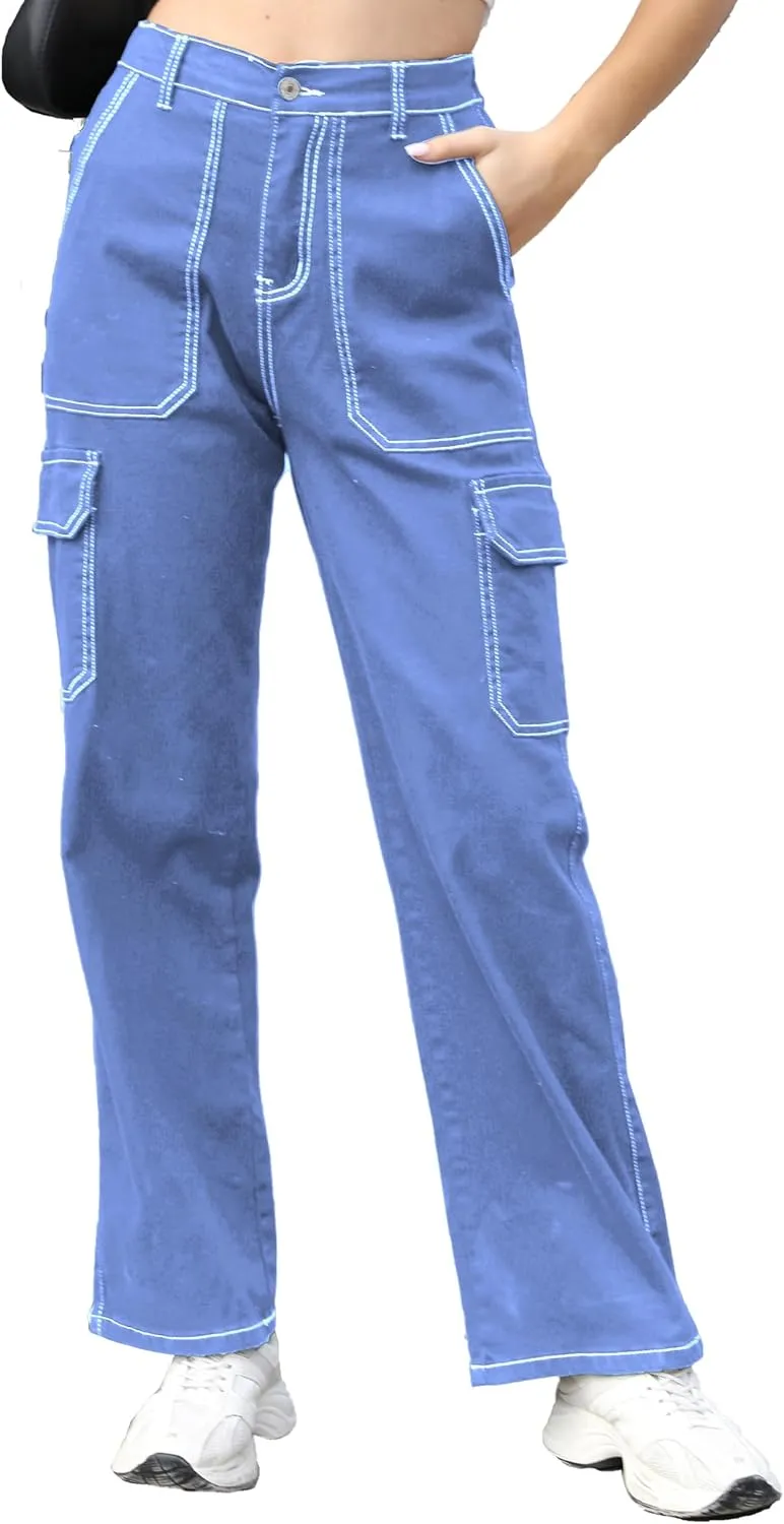 Womens Cargo Denim Jeans High Waisted Stretchy Flap Pocket Straight Leg Pants