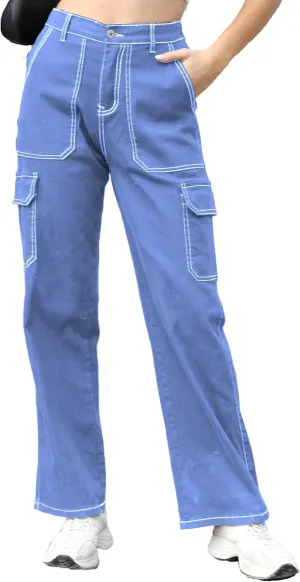 Womens Cargo Denim Jeans High Waisted Stretchy Flap Pocket Straight Leg Pants