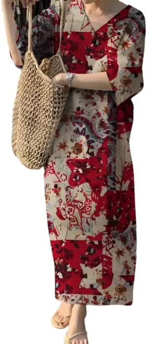 Womens Casual Cotton Linen Boho Floral Print V Neck Dresses Spring Summer Loose Short Sleeve Plus Size Maxi Dress 2025