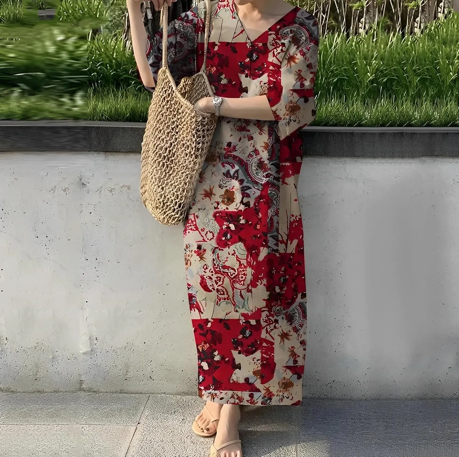 Womens Casual Cotton Linen Boho Floral Print V Neck Dresses Spring Summer Loose Short Sleeve Plus Size Maxi Dress 2025