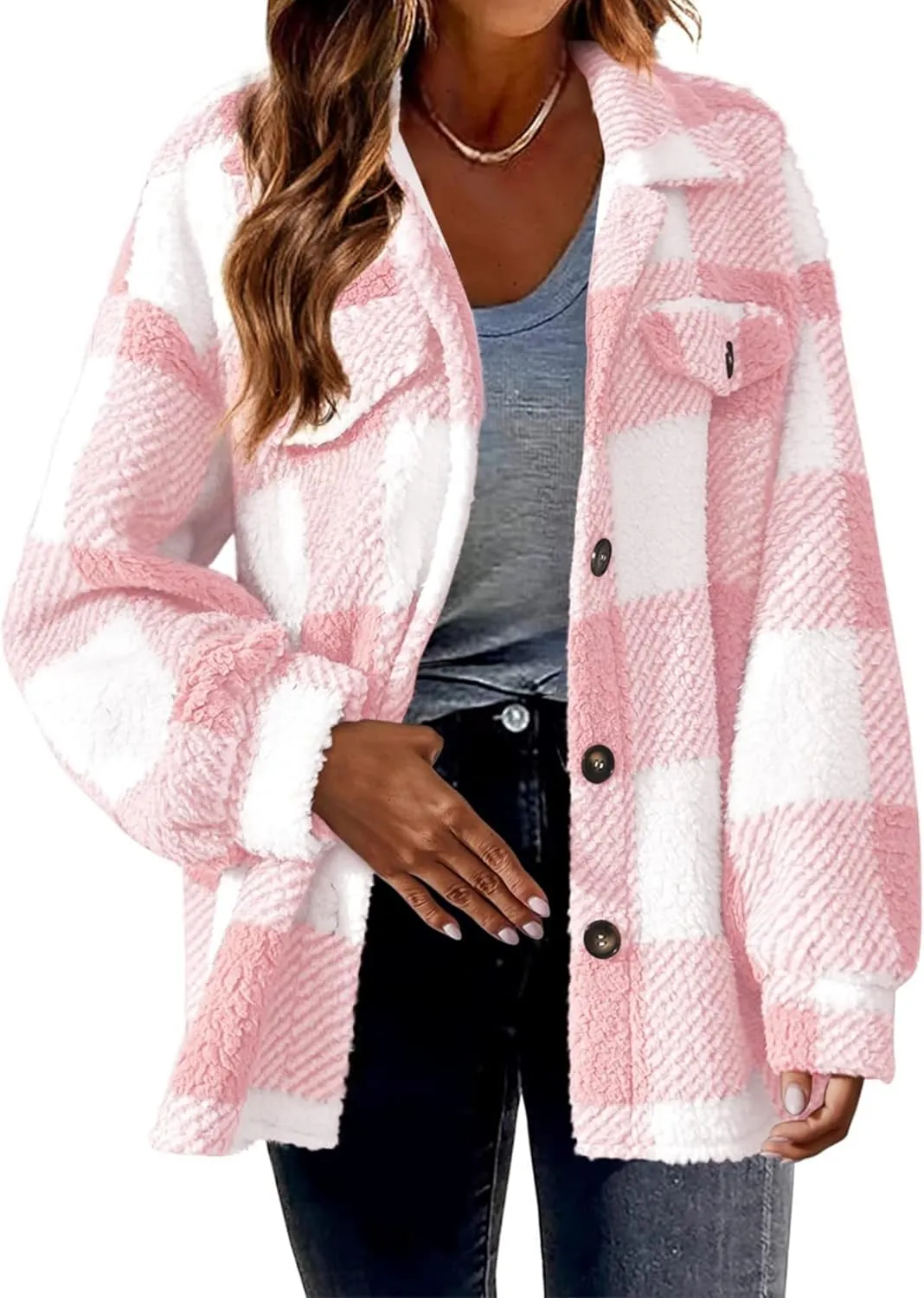 Womens Casual Fuzzy Fleece Jacket Wool Blend Plaid Flannel Button Down Shirts Shackets Jacket Coats Outfits Tops