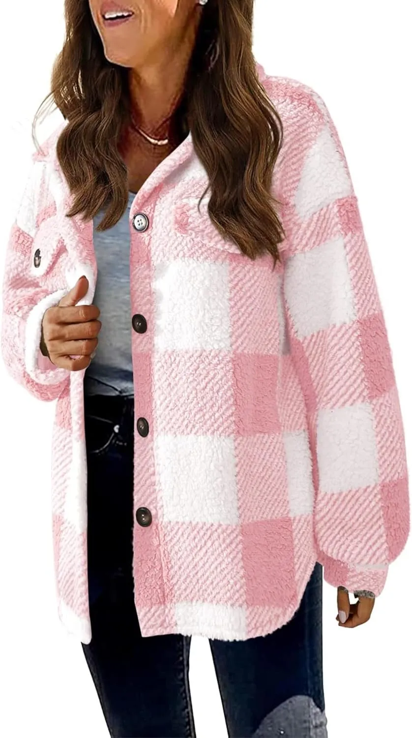 Womens Casual Fuzzy Fleece Jacket Wool Blend Plaid Flannel Button Down Shirts Shackets Jacket Coats Outfits Tops