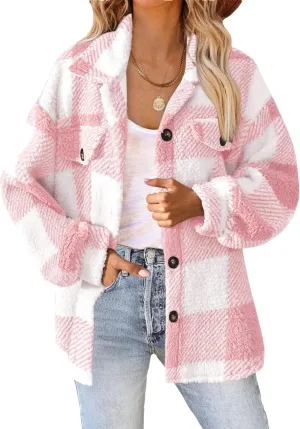 Womens Casual Fuzzy Fleece Jacket Wool Blend Plaid Flannel Button Down Shirts Shackets Jacket Coats Outfits Tops