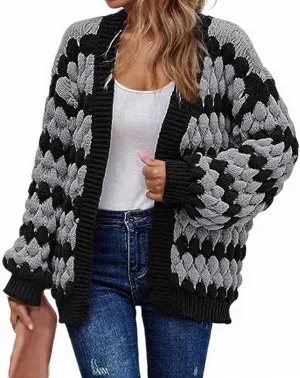 Womens Chunky Cardigan Sweaters Oversized Striped Colorblock Long Sleeve Open Front Cable Knit Fall Cardigan