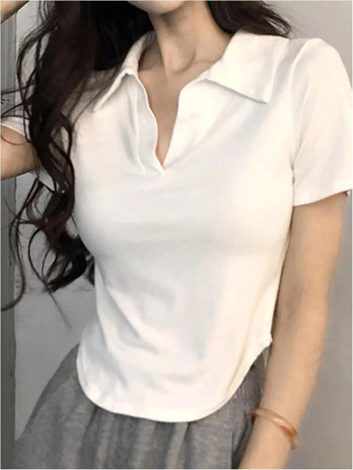 Women's Collared V Neck T Shirt Short Sleeve Slim Fit Casual Golf Tee Tops
