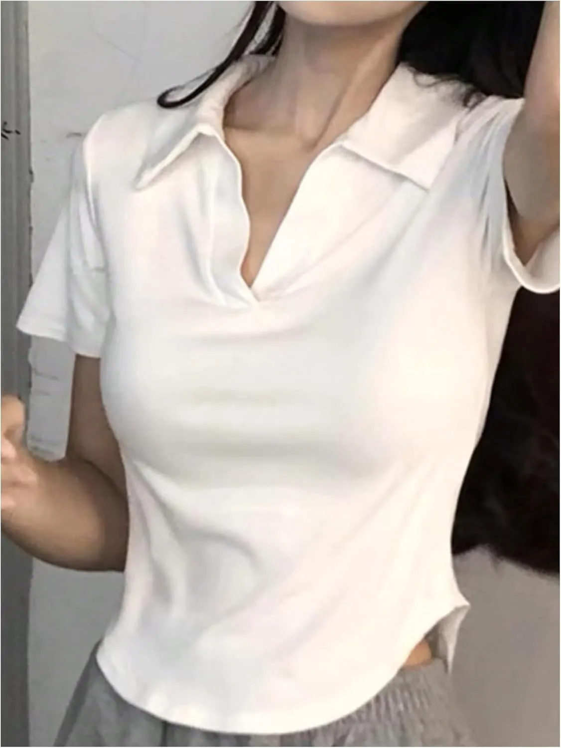 Women's Collared V Neck T Shirt Short Sleeve Slim Fit Casual Golf Tee Tops