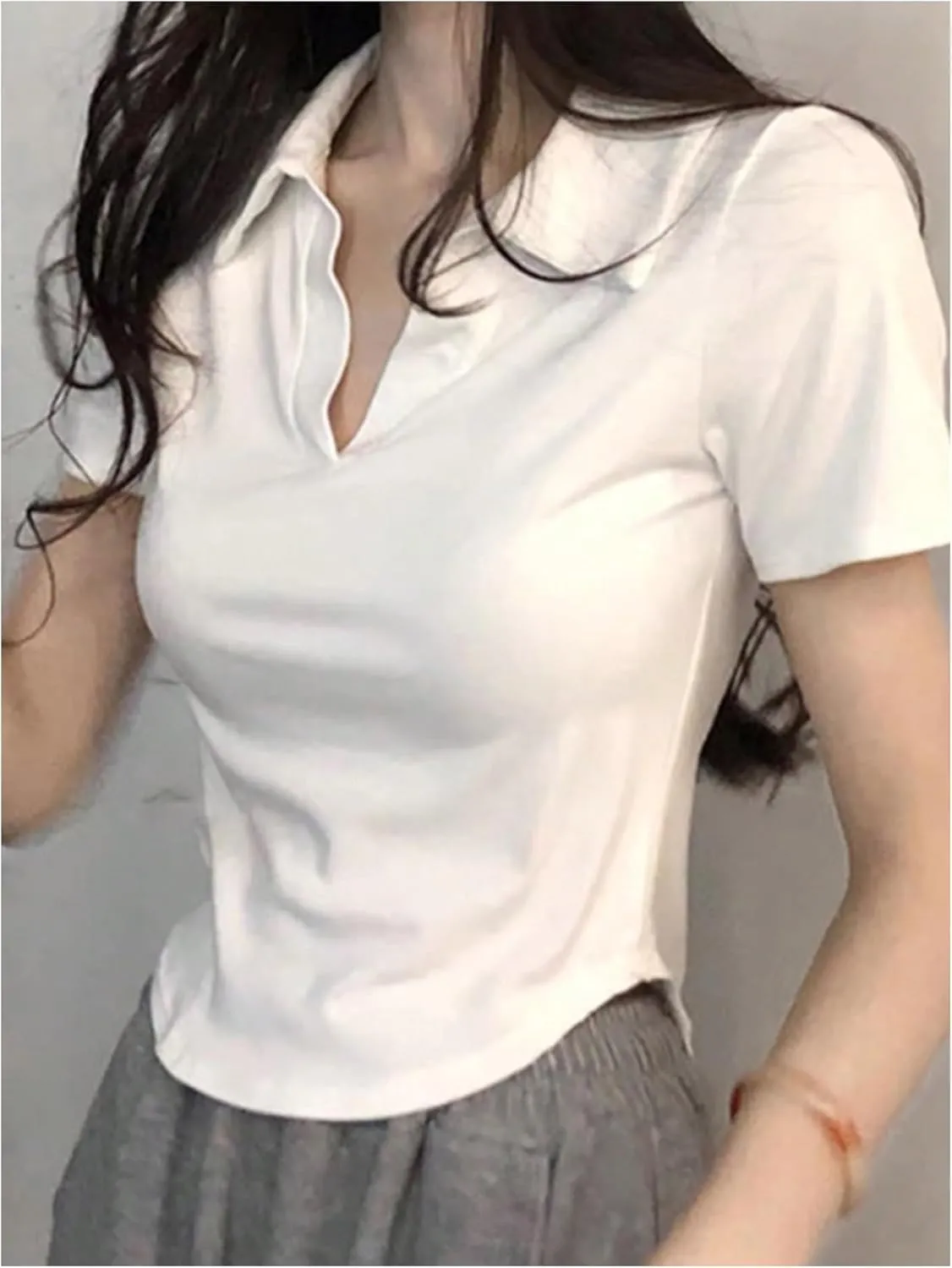 Women's Collared V Neck T Shirt Short Sleeve Slim Fit Casual Golf Tee Tops
