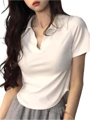 Women's Collared V Neck T Shirt Short Sleeve Slim Fit Casual Golf Tee Tops
