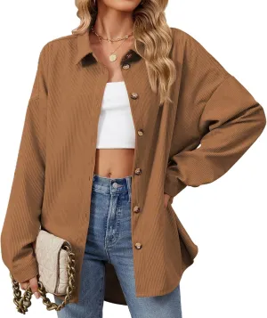 Womens Corduroy Button Down Shirts Solid Color Long Sleeve Blouses Tops Jackets Casual Vacation Work Jacket Coats