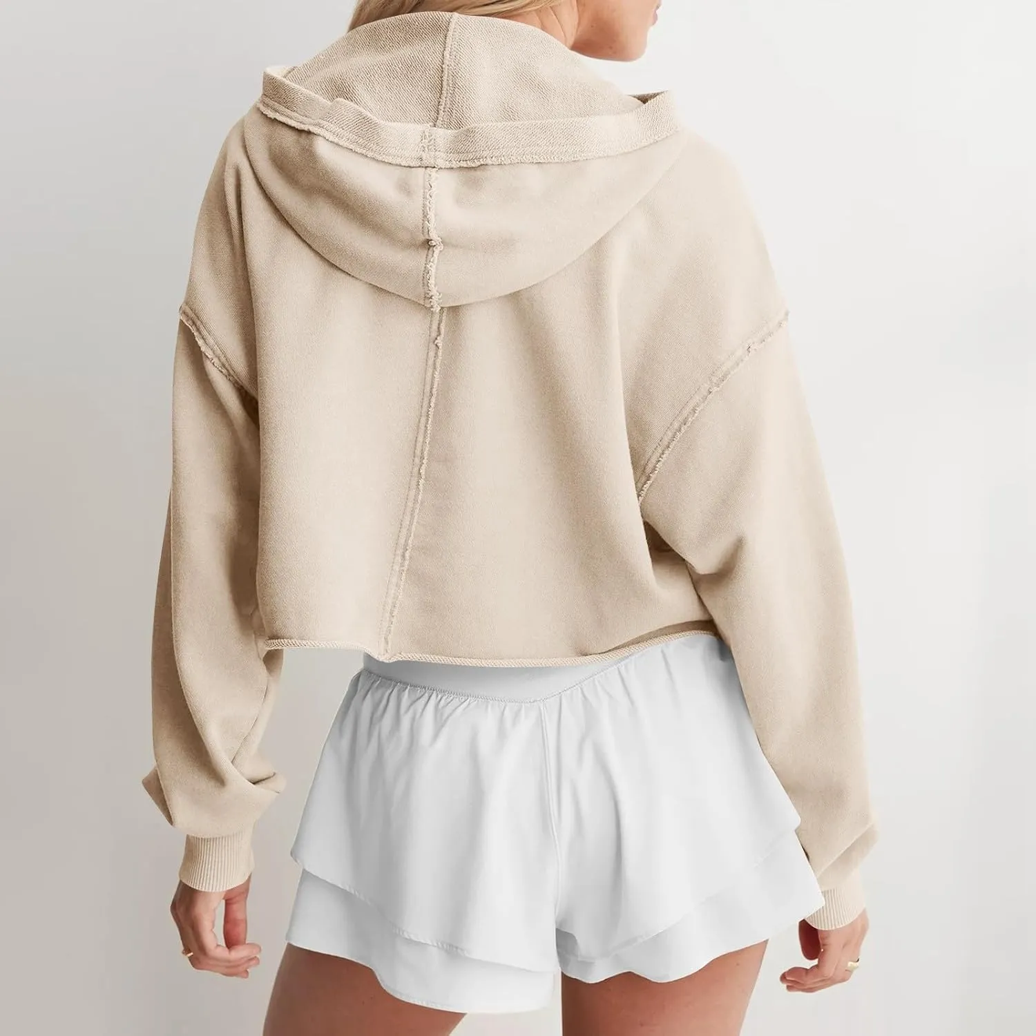 Womens Cropped Hoodies Long Sleeves V Neck Loose Casual Hooded Sweatshirts 2024 Fall Fashion Clothes