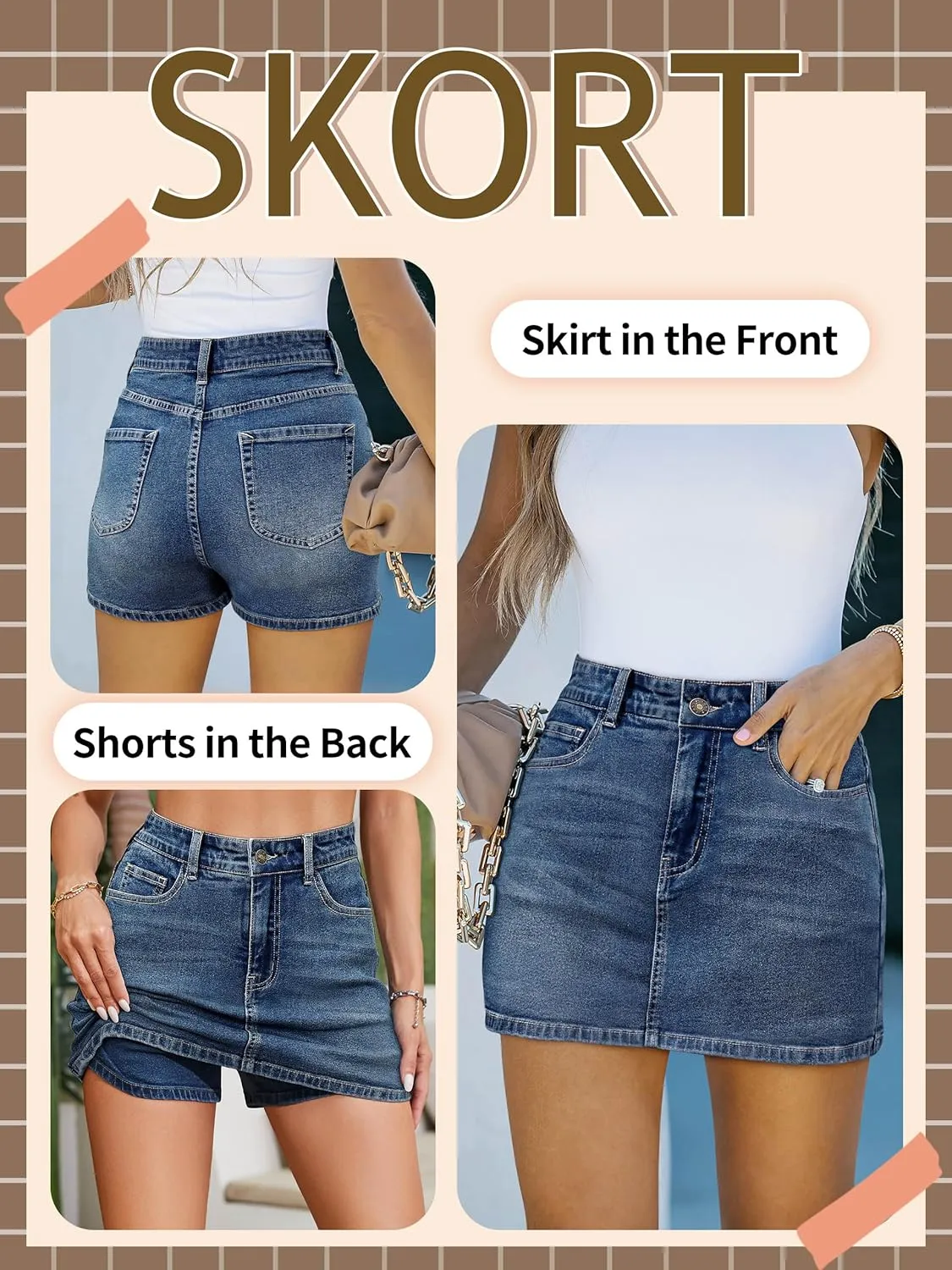 Women's Denim Mini Skort High Waisted Stretch Casual Jean Skirt Shorts 5 Pockets