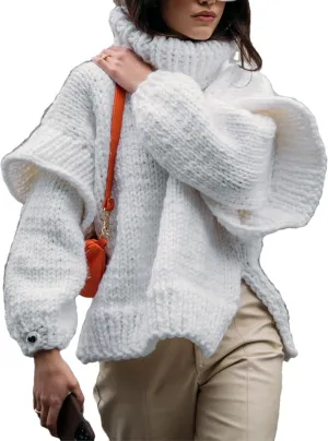 Womens Fall Winter Oversized Turtleneck Sweater Turtleneck Sweater Batwing Long Sleeve Chunky Knit Pullover Tops