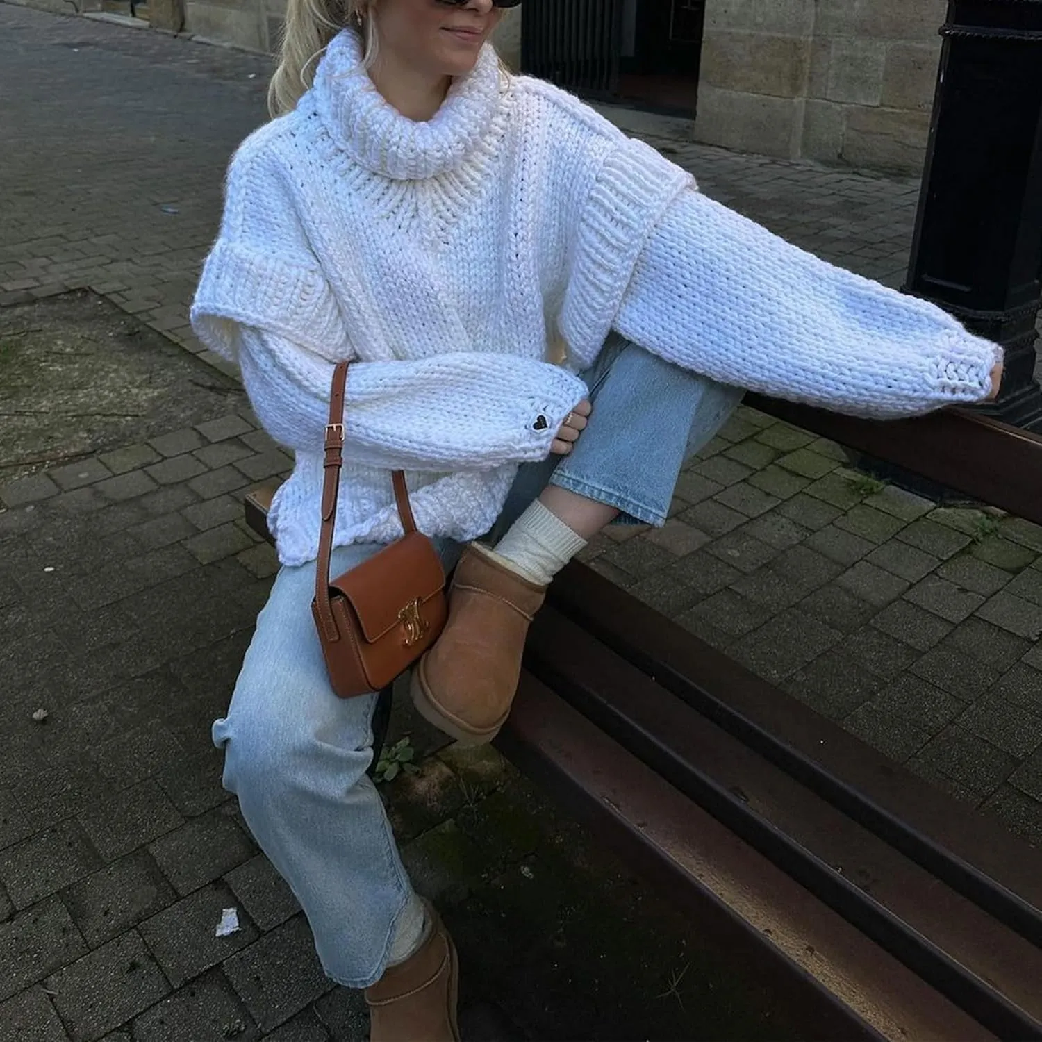 Womens Fall Winter Oversized Turtleneck Sweater Turtleneck Sweater Batwing Long Sleeve Chunky Knit Pullover Tops