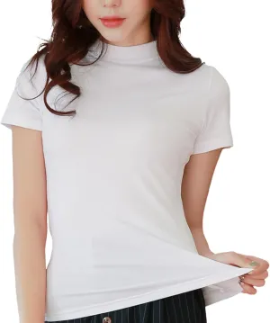 Women's Fashion Slim Fit Short Sleeve Tops Comfy Soft Solid Color Mock Neck Basic Summer Casual Tee Blouse Undershirt