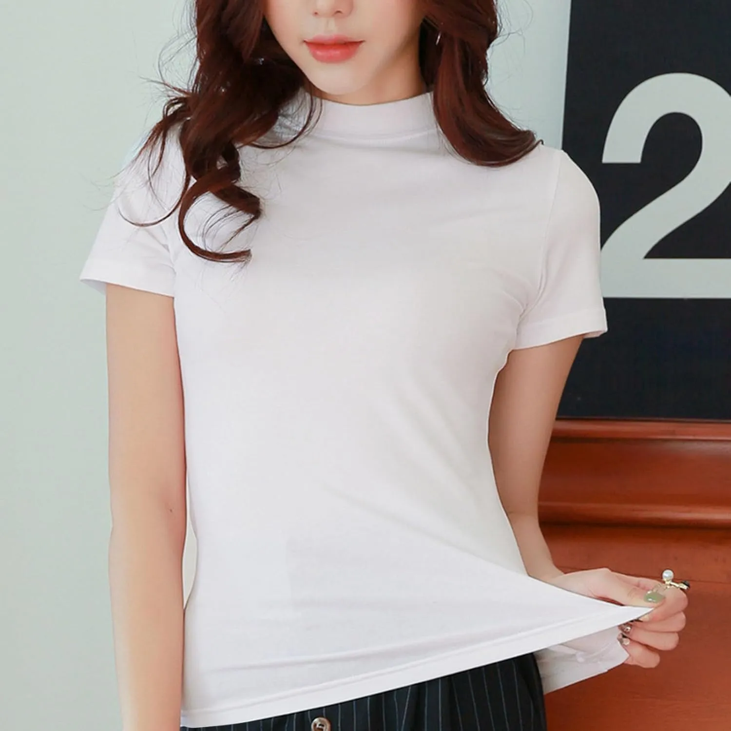 Women's Fashion Slim Fit Short Sleeve Tops Comfy Soft Solid Color Mock Neck Basic Summer Casual Tee Blouse Undershirt