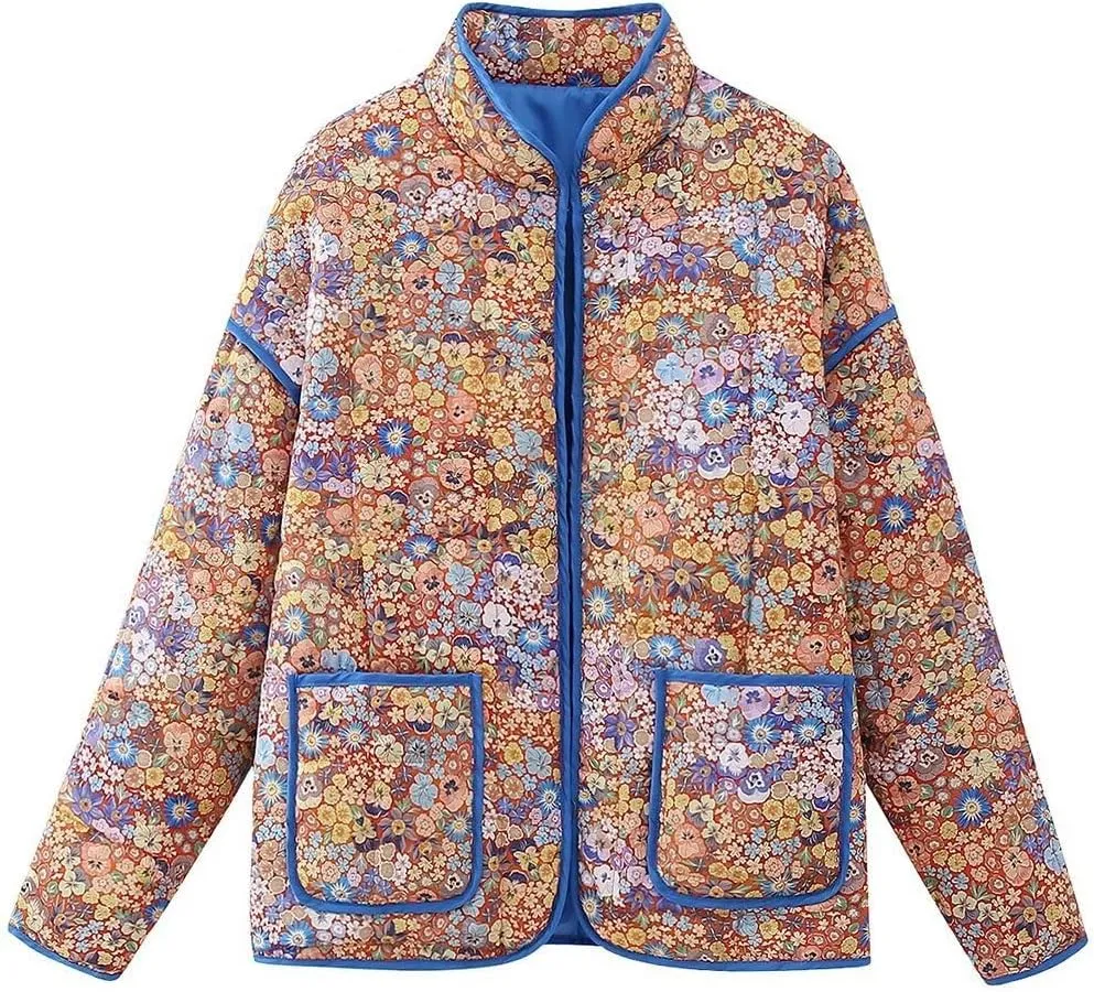 Women's Floral Fall Winter Down Jacket Y2k Cropped Puffer Quilted Coats Lightweight Long Sleeve Outwear with Pockets