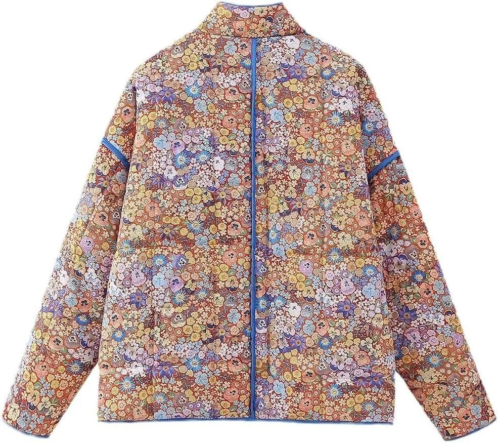 Women's Floral Fall Winter Down Jacket Y2k Cropped Puffer Quilted Coats Lightweight Long Sleeve Outwear with Pockets