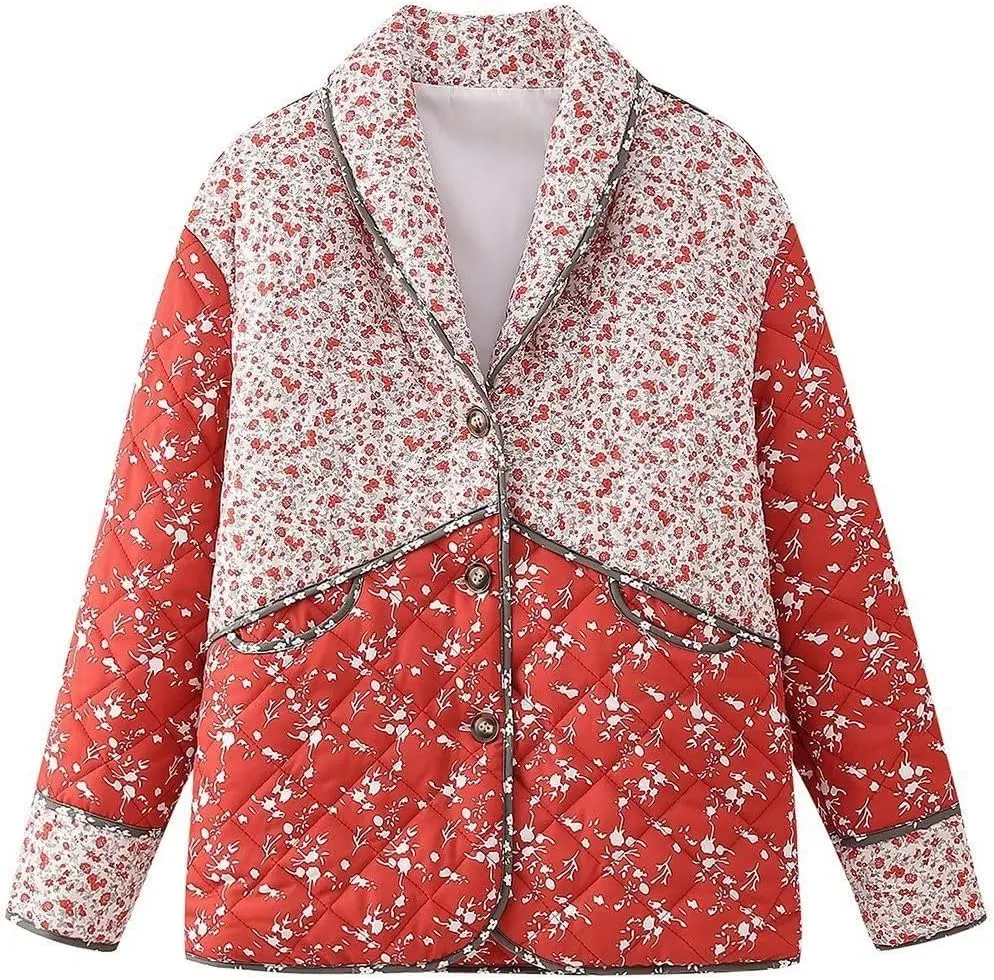 Women's Floral Fall Winter Down Jacket Y2k Cropped Puffer Quilted Coats Lightweight Long Sleeve Outwear with Pockets