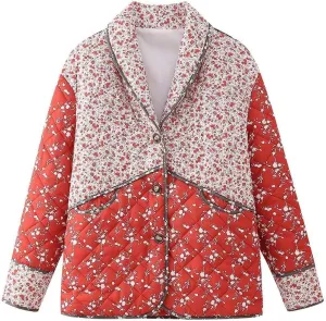 Women's Floral Fall Winter Down Jacket Y2k Cropped Puffer Quilted Coats Lightweight Long Sleeve Outwear with Pockets