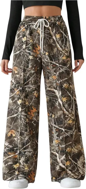 Women's Graphic Camo Print Straight Leg Pants Drawstring High Waisted Long Trousers