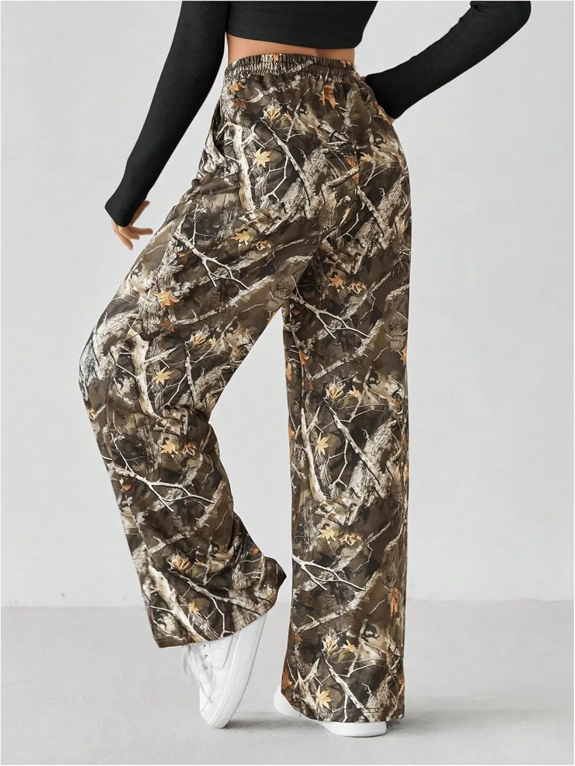 Women's Graphic Camo Print Straight Leg Pants Drawstring High Waisted Long Trousers