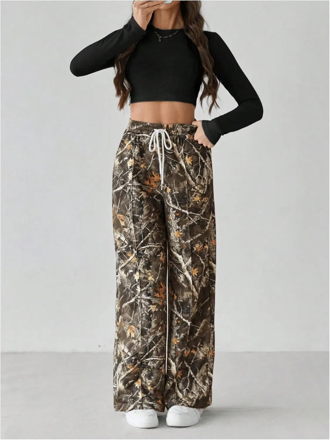 Women's Graphic Camo Print Straight Leg Pants Drawstring High Waisted Long Trousers