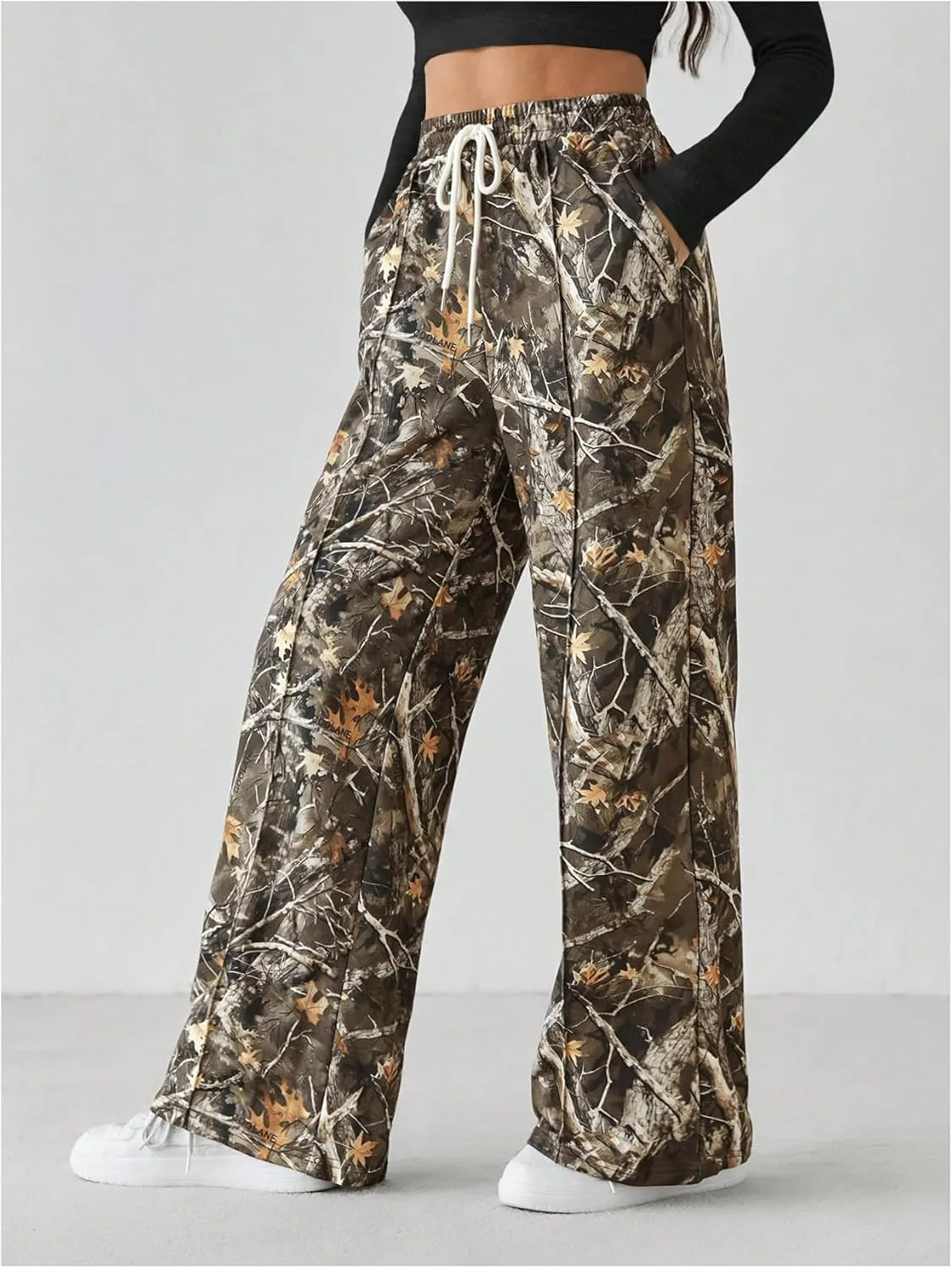 Women's Graphic Camo Print Straight Leg Pants Drawstring High Waisted Long Trousers