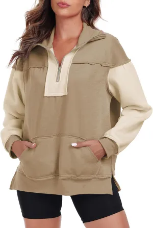 Womens Half Zip Sweatshirts Oversized Long Sleeve Fleece Color Block Pullover Tops with Pocket 2024 Winter Y2K ﻿