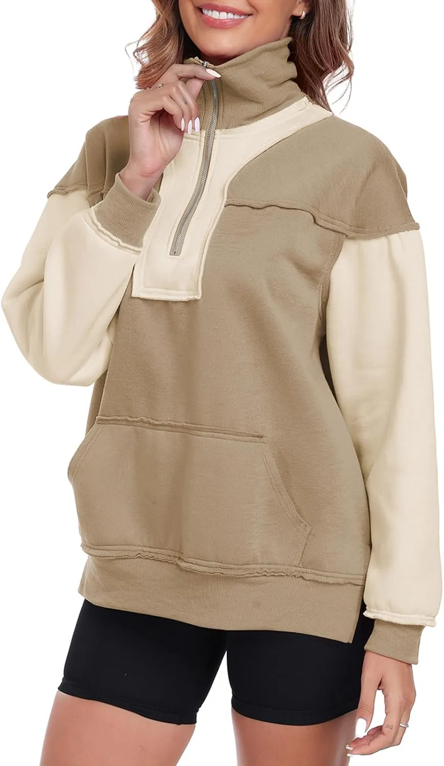 Womens Half Zip Sweatshirts Oversized Long Sleeve Fleece Color Block Pullover Tops with Pocket 2024 Winter Y2K ﻿