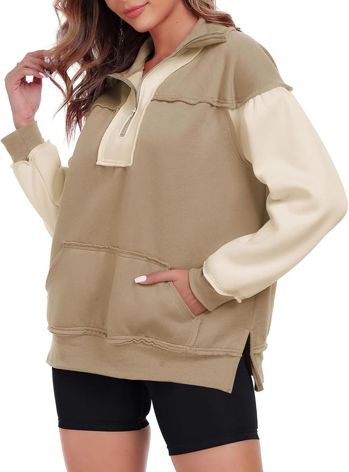 Womens Half Zip Sweatshirts Oversized Long Sleeve Fleece Color Block Pullover Tops with Pocket 2024 Winter Y2K ﻿