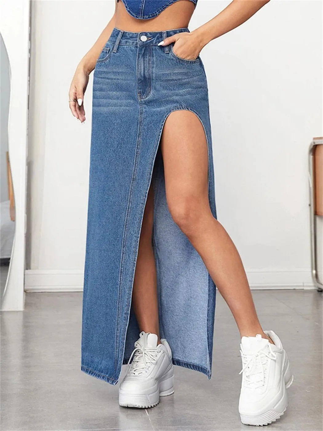 Women's High Slit Denim Skirts Summer High Waist Packaged Hip Elegant Maxi Jeans Skirt