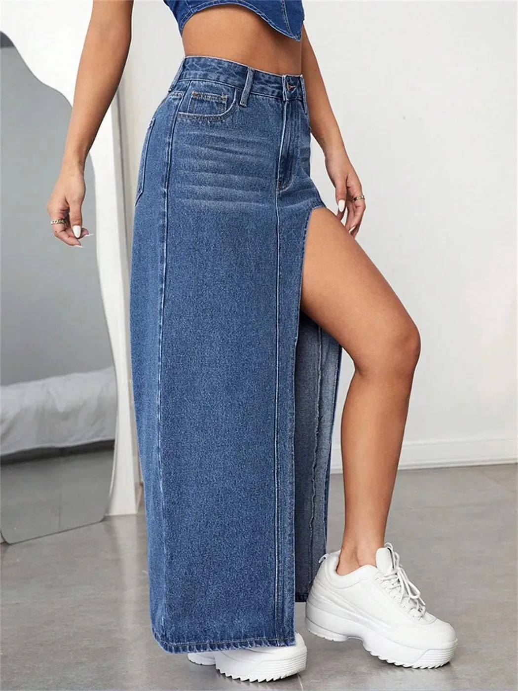 Women's High Slit Denim Skirts Summer High Waist Packaged Hip Elegant Maxi Jeans Skirt