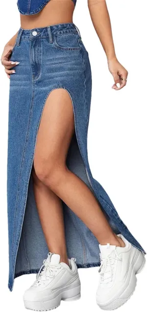 Women's High Slit Denim Skirts Summer High Waist Packaged Hip Elegant Maxi Jeans Skirt