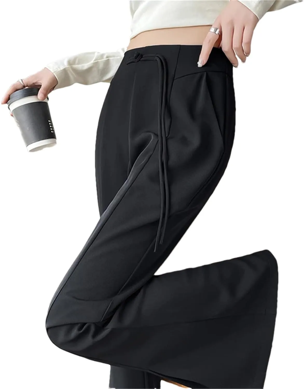 Women's High Waist Suit Wide Leg Full Pants Summer Elegant Buttons Straight Loose Trousers