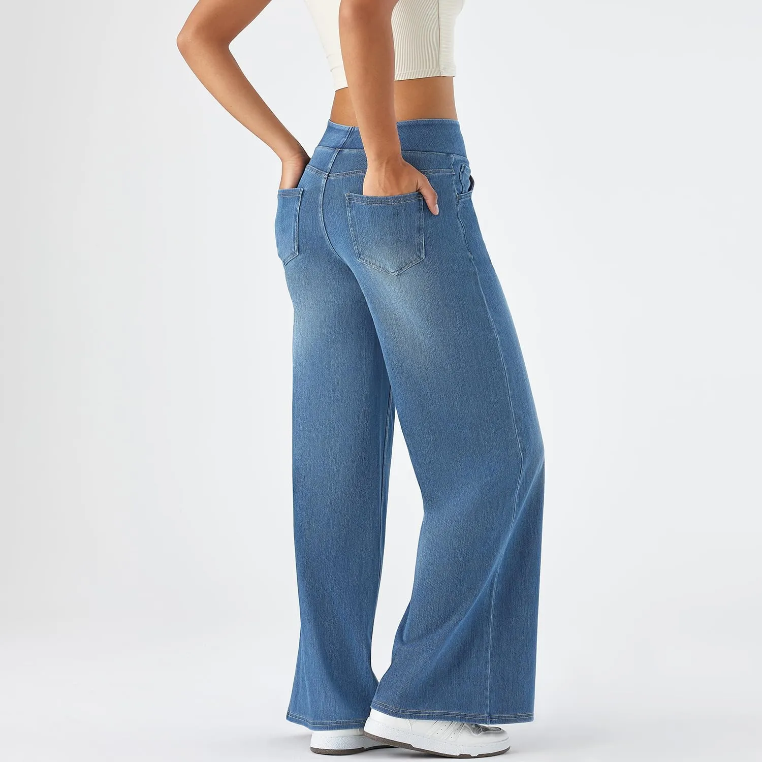 Women's High Waisted Wide Leg Jeggings – Stretch Denim Pull On Flare Jeans with Pockets Casual Comfy Pants